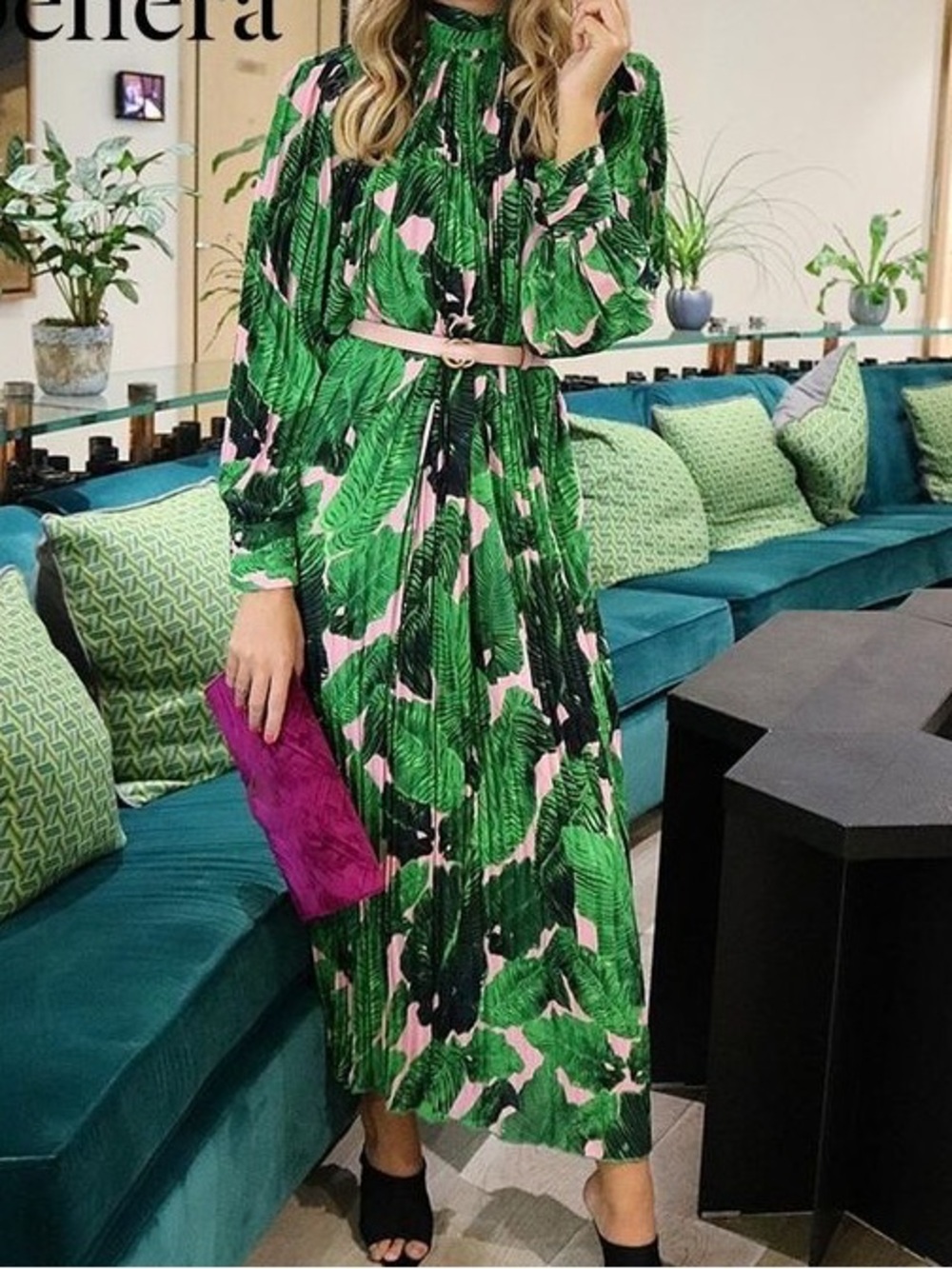 Beulah Style Palm Print Pleated Maxi Dress Green Pink Tropical Long Sleeve Sz M